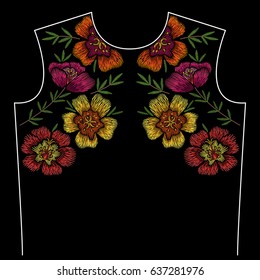 Embroidery neck line pattern with portulaca on black background. Fashion vector traditional floral design 