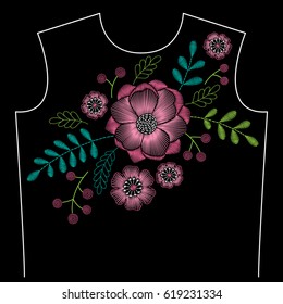 Embroidery neck line pattern with rose flowers and branches on black background. Fashion vector traditional floral design 