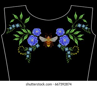 Embroidery neckline with bee and wild flowers. Vector fashion embroidered floral ornament, fancywork pattern for textile, fabric traditional folk decoration.