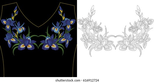 Embroidery neckline design. Collection of floral elements for dresses, shirts and blouses. Coloring book page with symmetric iris flowers bouquets.