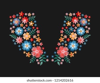 Embroidery neckline floral pattern.  Embroidered design with flowers for fashion clothing - t-shirts and blouses. Vector illustration.