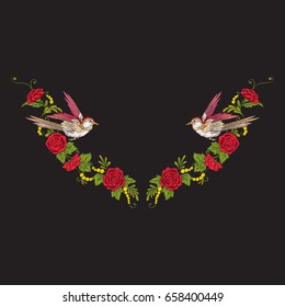 Embroidery neckline with flowers and swallow on black background