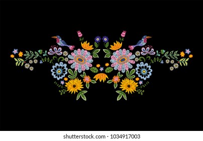 Embroidery neckline pattern with bird and fantasy flowers. Vector embroidered floral design for fashion.