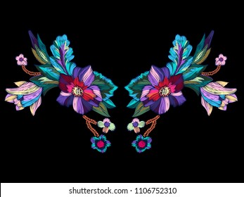 Embroidery neckline pattern with bright flowers. Vector embroidered floral patch for clothing design.