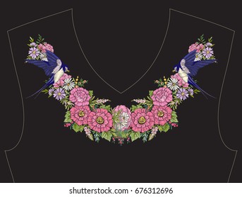 Embroidery for the neckline. The pattern of flowers and swallow bird Stock vector illustration. On black background.