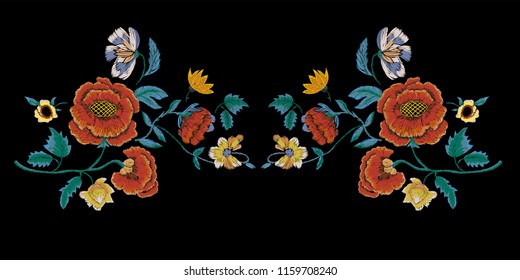 Embroidery neckline pattern with poppies. Vector embroidered floral patch for clothing design.