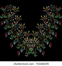 Embroidery neckline pattern. Tapestry colorful flowers, swirl leaves. Grunge texture. Embroidered design for neck, fashion, prints. Luxury texture for fabric, textile. Neckline tapestry floral pattern