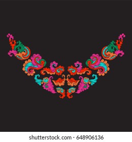 Embroidery neckline with vintage decorative elements in asian style on black background. Stock vector illustration.