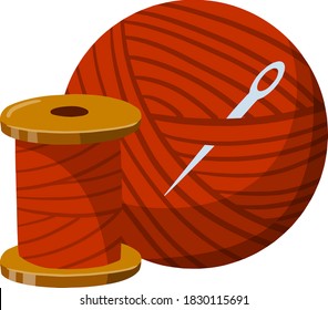 Embroidery and needle. Coil and a skein of red thread. Crafts and Hobbies. Clothing manufacturing and needlework. Flat cartoon illustration. Coil and skein