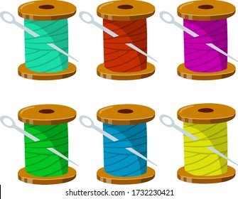 Embroidery and needle. Set of Coil and skein of color thread. Crafts and Hobbies. Clothing manufacturing and needlework. Flat cartoon illustration