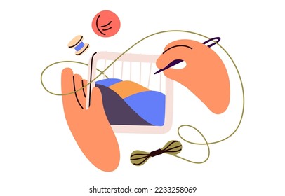 Bordados, naves. Manos con hilos de discusión y aguja creando puntos. Hágalo a mano, artesanía. Artesanía, trabajo manual, proceso creativo. Ilustración vectorial plana aislada en fondo blanco.
