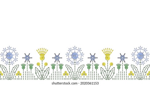 Embroidery and needlework. Imitation of embroidered flowers, leaves with buttons in the form of ornaments. Multi-colored image on a white background. There is room for text. Vector graphics.