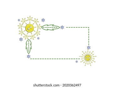 Embroidery and needlework. Imitation of embroidered flowers, leaves and stitching. Button and sequin decoration. Multi-colored image on a white background. There is room for text. Vector graphics.