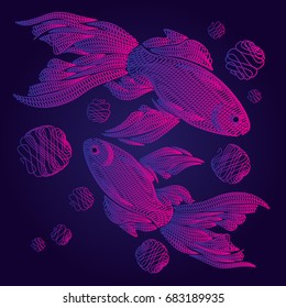 Embroidery with neon golden fish on a dark blue background. Embroidered neon goldfish. Glowing neon fishes in the deep blue sea or ocean. Vector illustration.