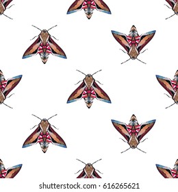 Embroidery night butterfly. Fashion patch with insects illustration. Seamless pattern backdrop. Trendy traditional art on white background.