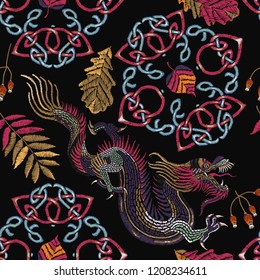 Embroidery northern dragons and celtic knots seamless pattern.  Fall forest art, fairy tale t-shirt design. Clothes, textile template 