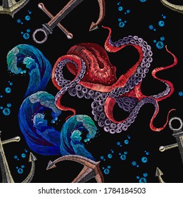 Embroidery octopus, sea wave and anchor seamless pattern. Underwater life art. Fashionable clothes, t-shirt design 