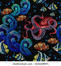 Embroidery octopus, sea wave and tropical fishes seamless pattern. Fashionable clothes, t-shirt design. Classical embroidery red octopus underwater, wave, fishes, seamless fashion pattern 