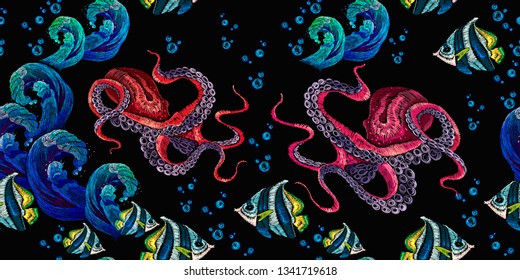 Embroidery octopus, sea wave and tropical fishes seamless pattern. Underwater art. Fashionable clothes, t-shirt design 