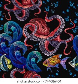 Embroidery octopus, sea wave and tropical fishes seamless pattern. Classical embroidery red octopus underwater, wave, fishes, seamless fashion pattern. Fashionable clothes, t-shirt design 