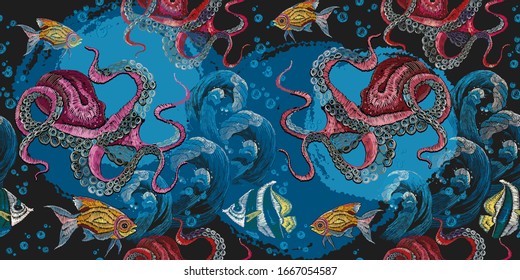 Embroidery octopus, wave and tropical fishes seamless pattern. Sea life, underwater art. Fashionable template for clothes, t-shirt design 