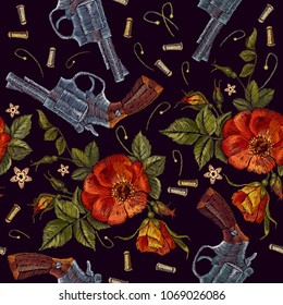 Embroidery old guns and red roses seamless pattern. Romantic embroidery old revolvers, roses, gangster gothic pattern 