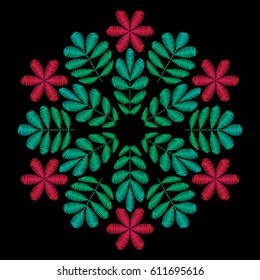 Embroidery on black background. Simple Floral Pattern. Ornamental Fashion print. Traditional Folk Decoration for Fabric. Vector illustration