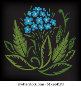 Embroidery on black background. Simple Floral Pattern. Ornamental Fashion print. Traditional Folk Decoration for Fabric. Vector illustration