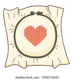 Embroidery on the hoop. A red heart embroidered with a cross. Needlework. Design element with outline. Doodle, hand-drawn. Flat design. Color vector illustration. Isolated on a white background