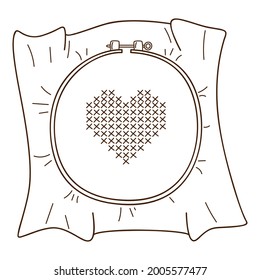 Embroidery on the hoop. A red heart embroidered with a cross. Needlework. Design element with outline. Doodle, hand-drawn. Black white vector illustration. Isolated on a white background