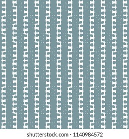 Embroidery on parallel rows with simple geometrical elements alternating in symmetrical or inverted positions. Ethnic motif. Striped decorative backgrund in blue and white. Vector illustration.