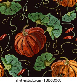 Embroidery orange pumpkin seamless pattern. Template for clothes, t-shirt design. Vintage pumpkin beautiful classical embroidery food pattern 