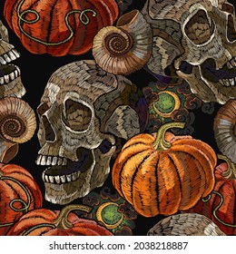 Embroidery orange pumpkin and skull seamless pattern. Gothic halloween art. Template for clothes, t-shirt design 