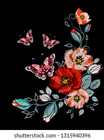 Embroidery orange, red poppy, butterfly ethnic ornament for the neck, bags, jeans, shirts, T-shirts.