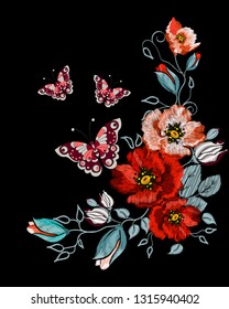 Embroidery orange, red poppy, butterfly ethnic ornament for the neck, bags, jeans, shirts, T-shirts.