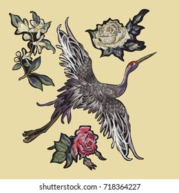 Embroidery oriental floral patch with cranes and roses. Vector embroidered elements with bird for clothing design.