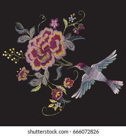 Embroidery oriental floral pattern with bird and roses. Vector ethnic embroidered template with flowers for fashion design.