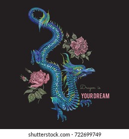 Embroidery oriental floral pattern with blue dragon and red roses. Vector ethnic folk embroidered template with flowers for fashion design and t shirt.