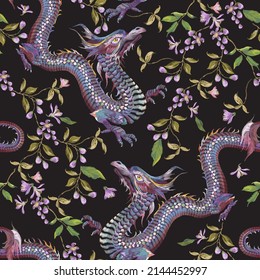 Embroidery oriental floral pattern with dragons and  lilac blossom. Vector seamless embroidered template with flowers and animal for fashion design.  