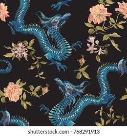 Embroidery oriental floral pattern with dragons and gold roses. Vector seamless embroidered template with flowers and animal for fashion design.