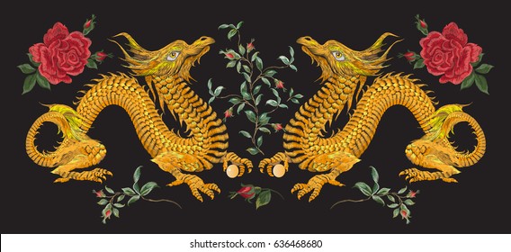 Embroidery oriental floral pattern with golden dragons and roses. Vector ethnic folk  embroidered template with flowers and animals on black background for fashion design