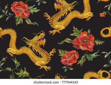 Embroidery oriental floral pattern with golden dragons and red poppies. Vector seamless embroidered template with flowers and animal for fashion design