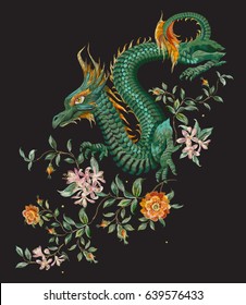 Embroidery oriental floral pattern with green dragon and gold roses. Vector ethnic folk embroidered template with flowers, orange blossom and animal on black background for fashion design.