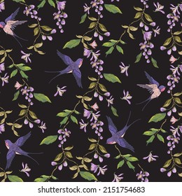 Embroidery oriental floral pattern with swallows and  lilac blossom. Vector seamless embroidered template with flowers and birds for fashion design. 