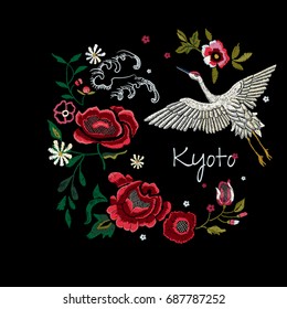 Embroidery oriental folk pattern with crane and roses. Vector embroidered floral sketch with Japanese bird for clothing design.