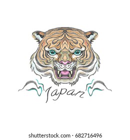 Embroidery oriental patch with tiger head. Vector embroidered floral template for t shirt and fashion design.