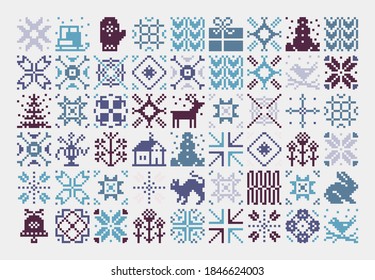 Embroidery ornament vector pattern design of ethnic and folk abstract shapes made with simple pixelated geometric forms and elements. Great for greeting cards, decorative prints, invitation letters.