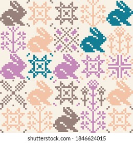 Embroidery ornament vector pattern design of ethnic and folk abstract shapes made with simple pixelated geometric forms and elements. Great for greeting cards, decorative prints, invitation letters.