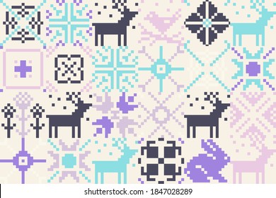Embroidery ornament vector pattern design of ethnic and folk abstract shapes made with simple pixelated geometric forms and elements. Great for greeting cards, decorative prints, invitation letters.