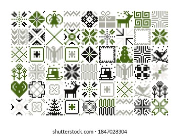Embroidery ornament vector pattern design of ethnic and folk abstract shapes made with simple pixelated geometric forms and elements. Great for greeting cards, decorative prints, invitation letters.